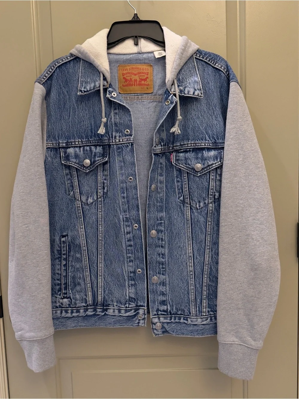 Levi's Blue Denim Jacket with Light Gray Hoodie Sleeves